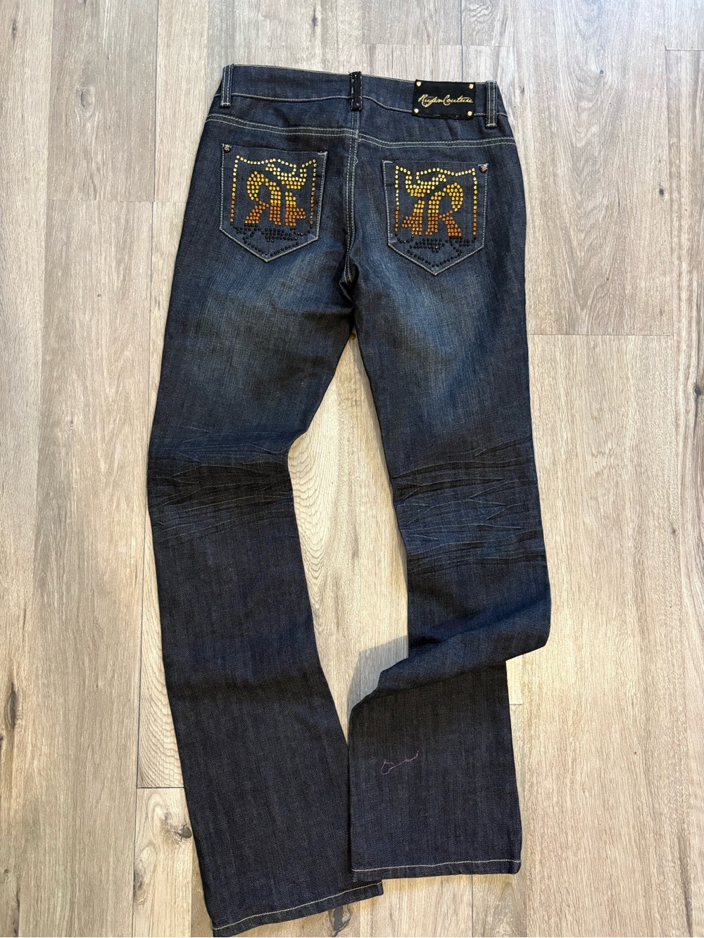 Rüfen couture dark washed low rise bootcut rhinestone sequin pocket jeans
